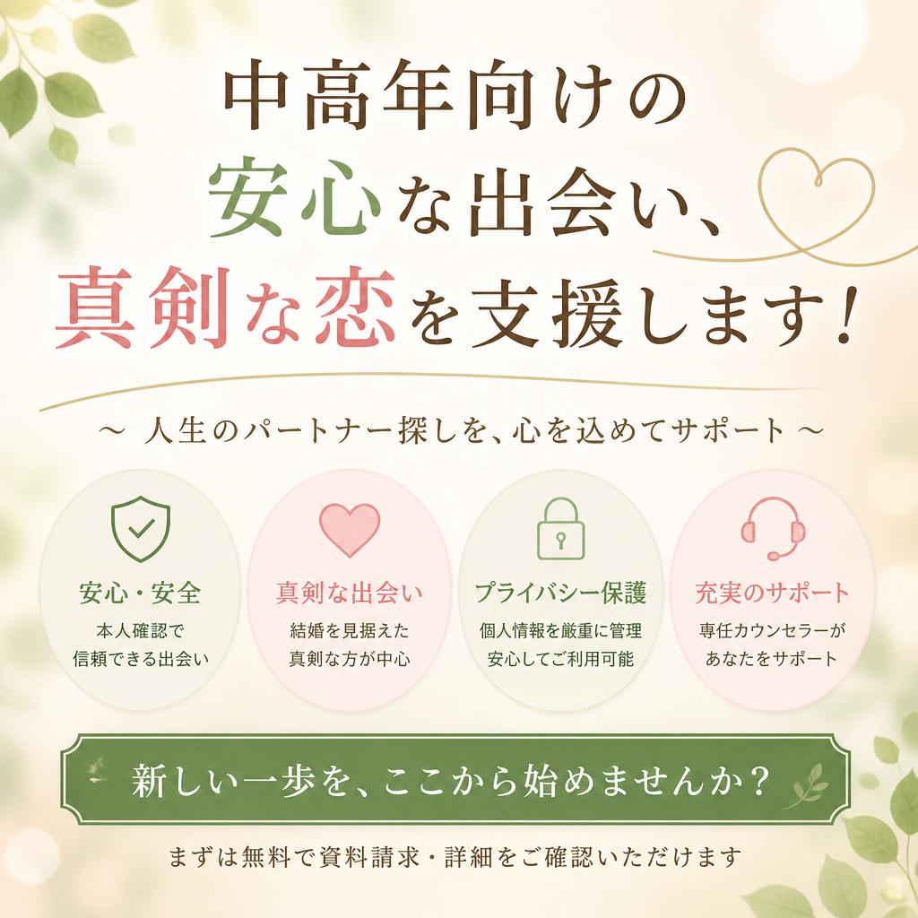 中高年向けの安心な出会い、真剣な恋を支援します！